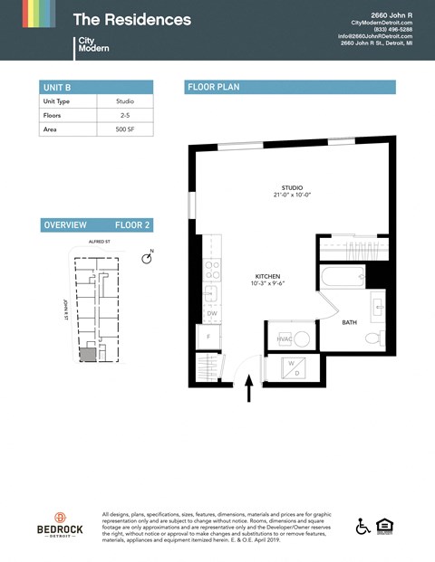 Floor plan for studio, 1 bath, 500 sqft